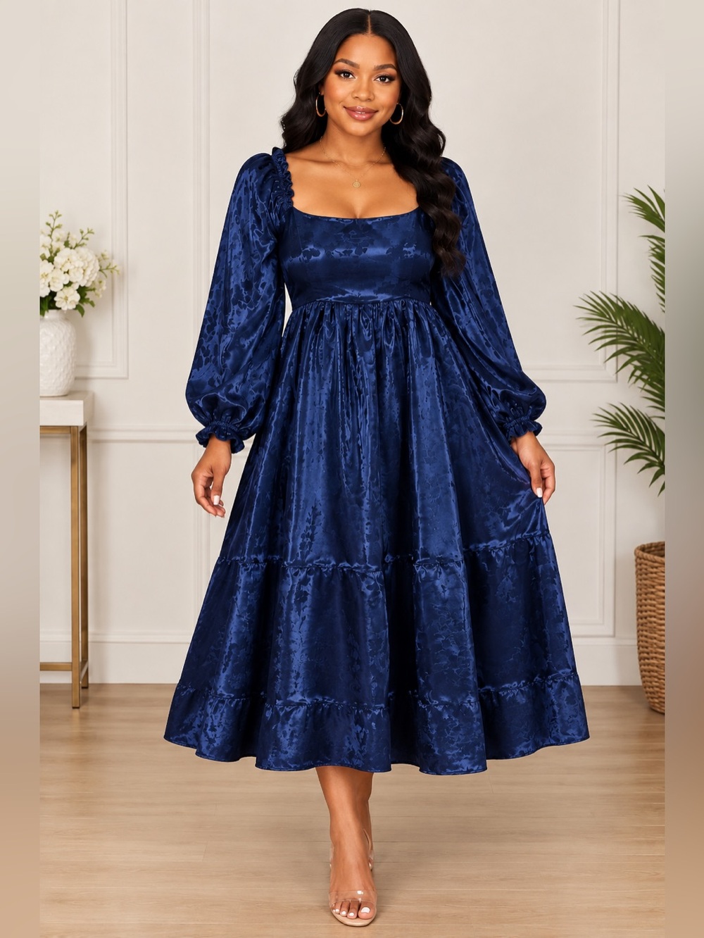 In February Navy Midi Dress - Elegant Navy Satin